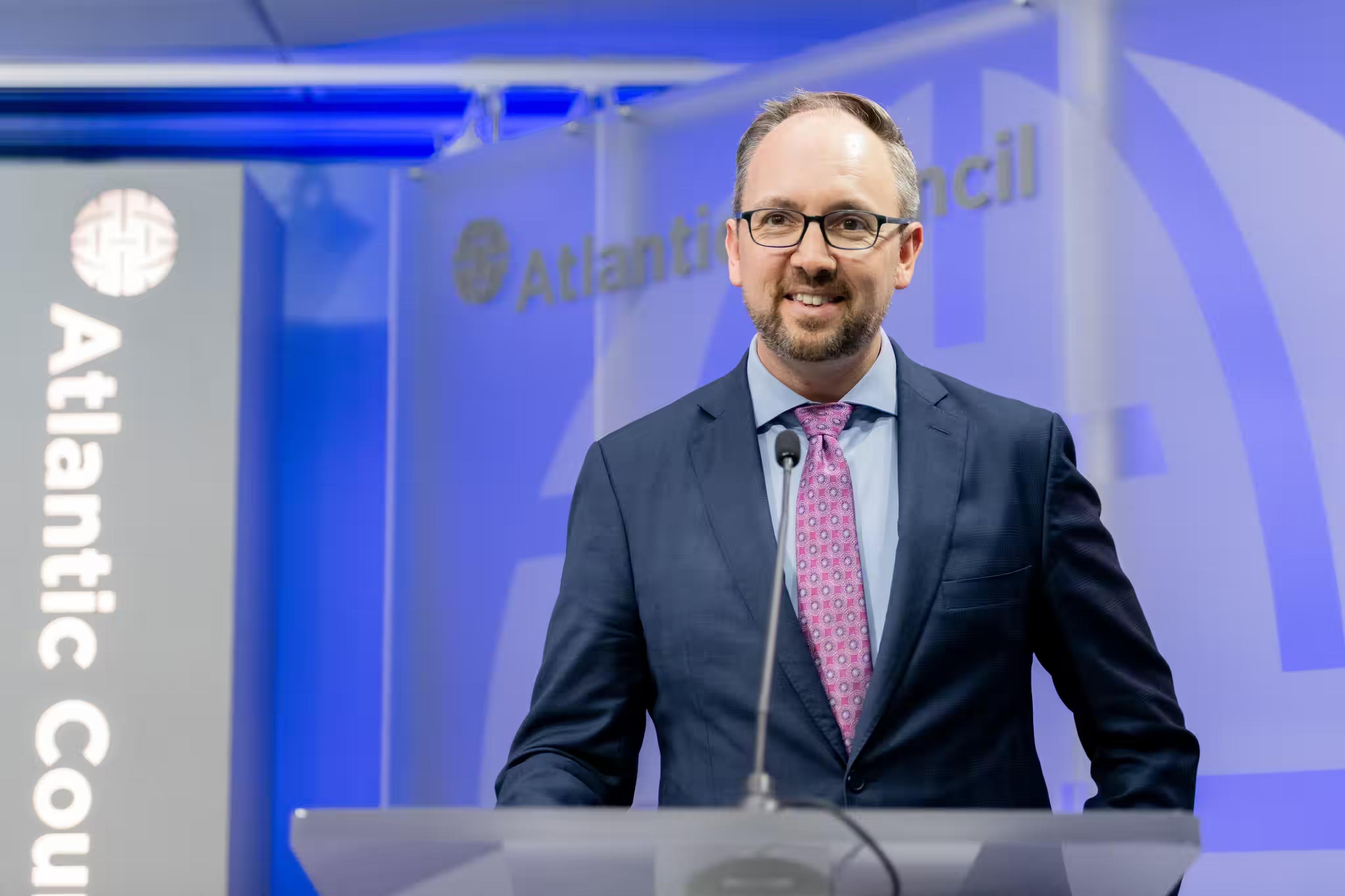 Landon Derentz speaking at an Atlantic Council event