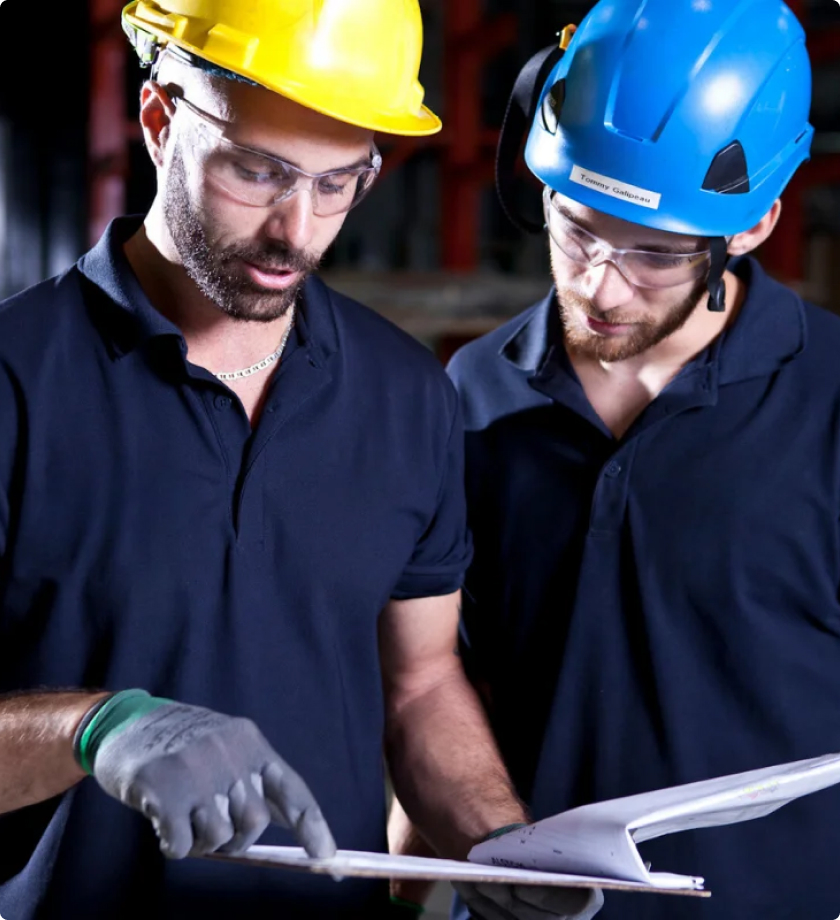 Two maintenance personnel reviewing transformer analysis results