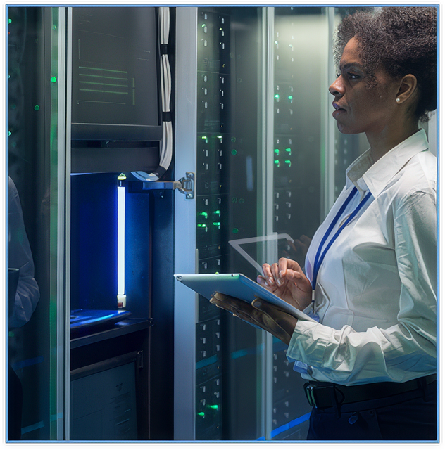 Female technician in server room using tablet to monitor or manage data center operations