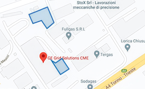 Map showing GE Grid Solutions CEME HV Lab in Noventa di Piave, Italy, near Venice