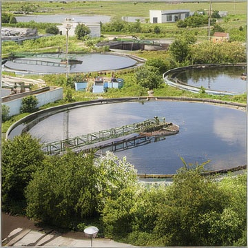Circular wastewater treatment plant with water channels aerial view