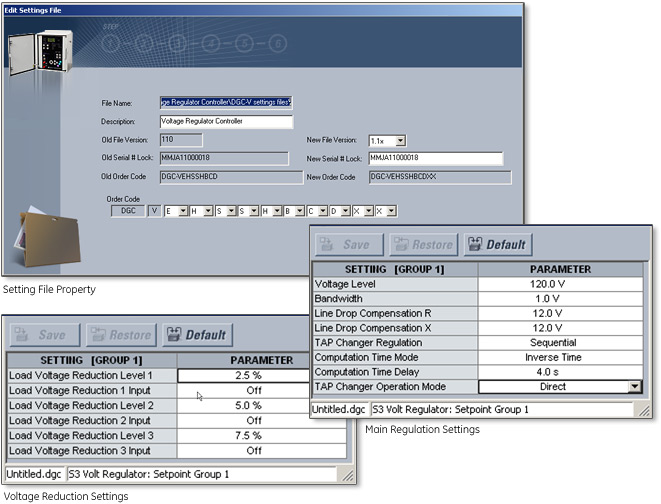 Setting file property, Main regulation settings, and Voltage reduction settings screens