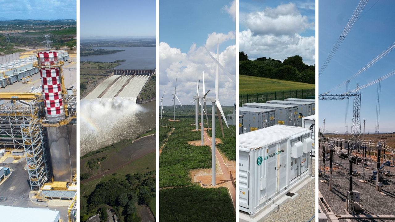 Images of a gas turbine, a dam, wind turbines, an energy storage unit, and an electrical station.