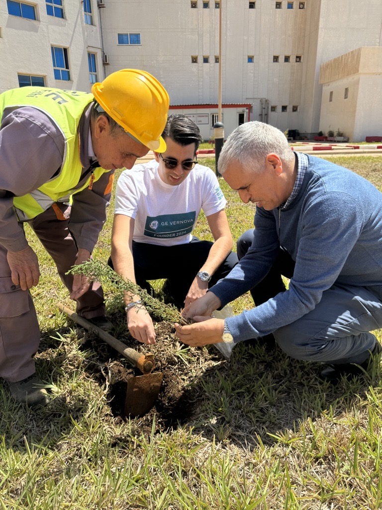 Two GE Vernova employees planting a tree sampling together.