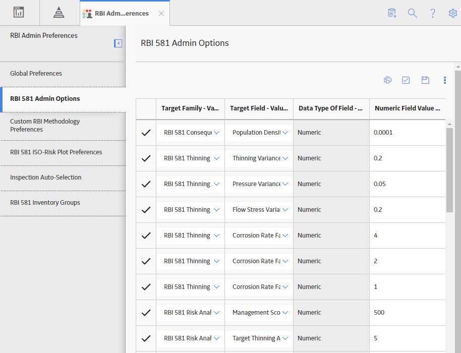 The RBI 581 Admin Options workspace