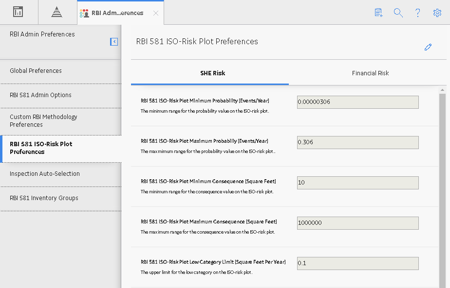 The RBI 581 ISO-Risk Plot Preferences workspace