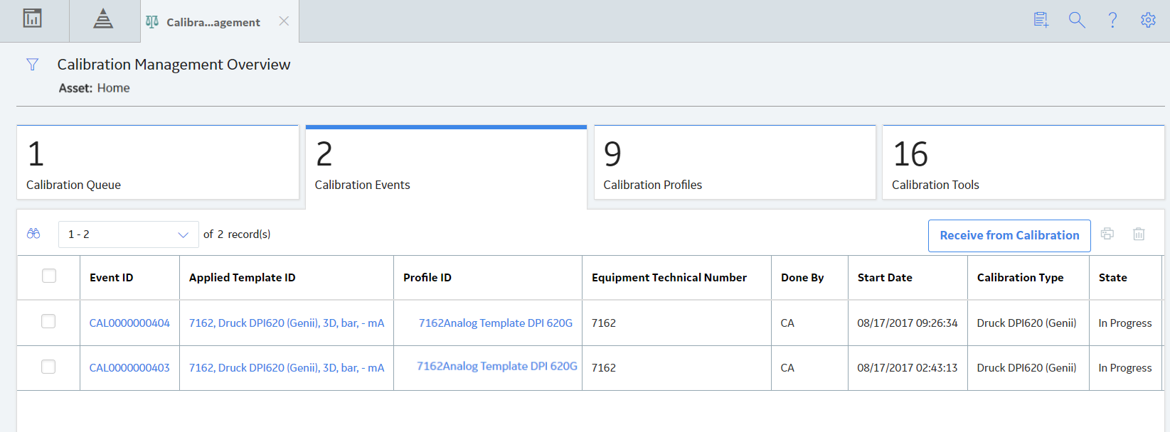 The Calibration Events section