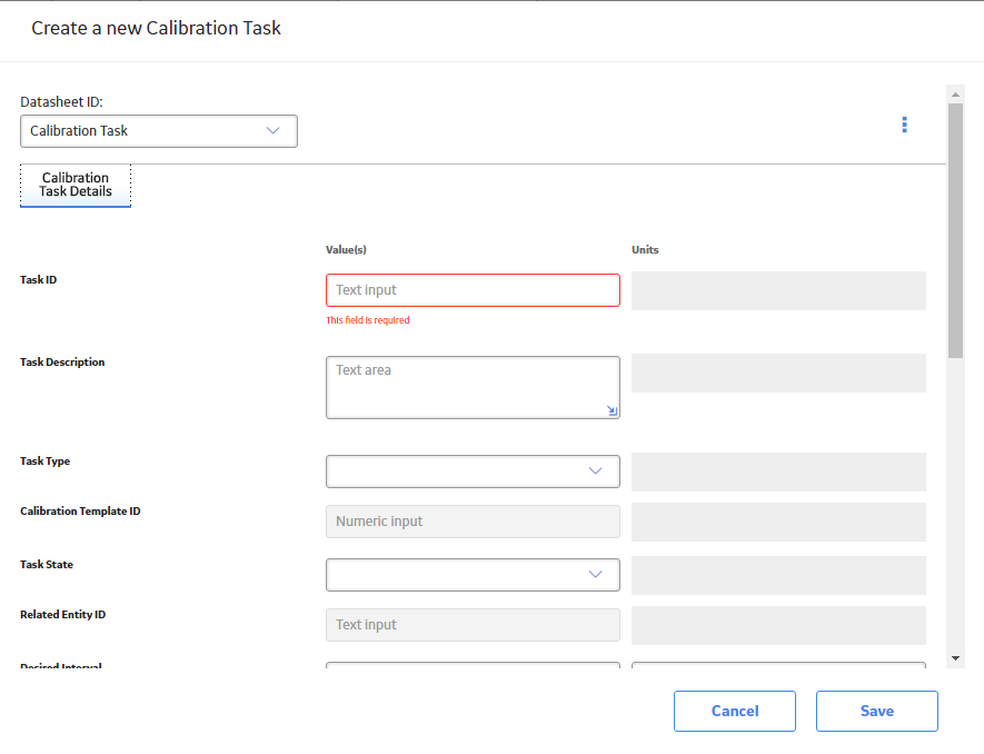 The blank datasheet of a Calibration Task