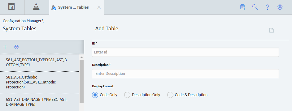 System Codes and Tables Page