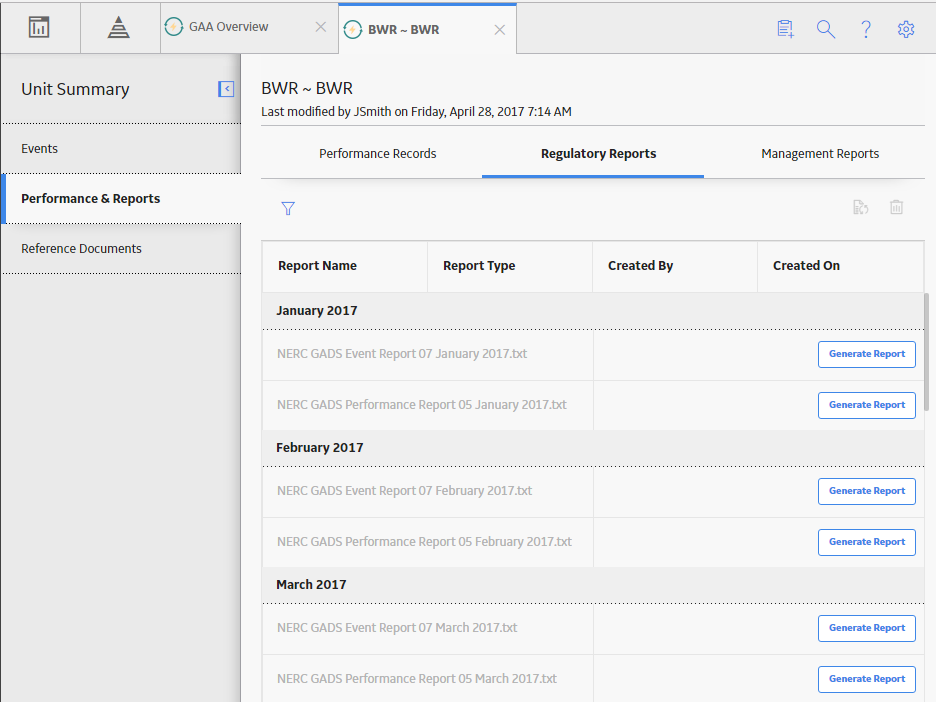 GAA Regulatory Reports Tab