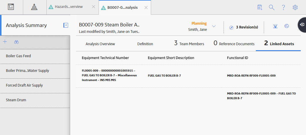 The Linked Assets section of a HAZOP Analysis