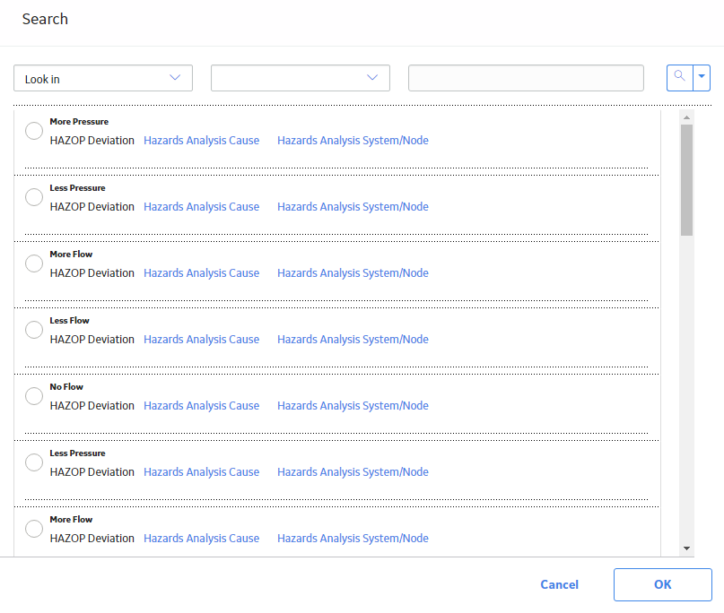 The Search window displaying a list of Deviations