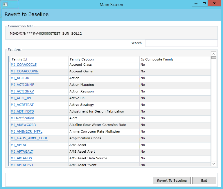 The Revert to Baseline Main Screen