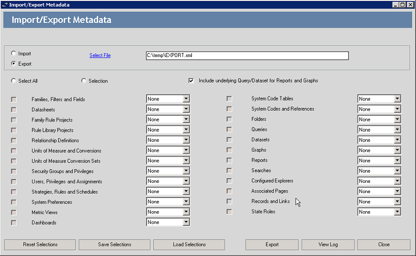 Import/Export Metadata window with a file selected