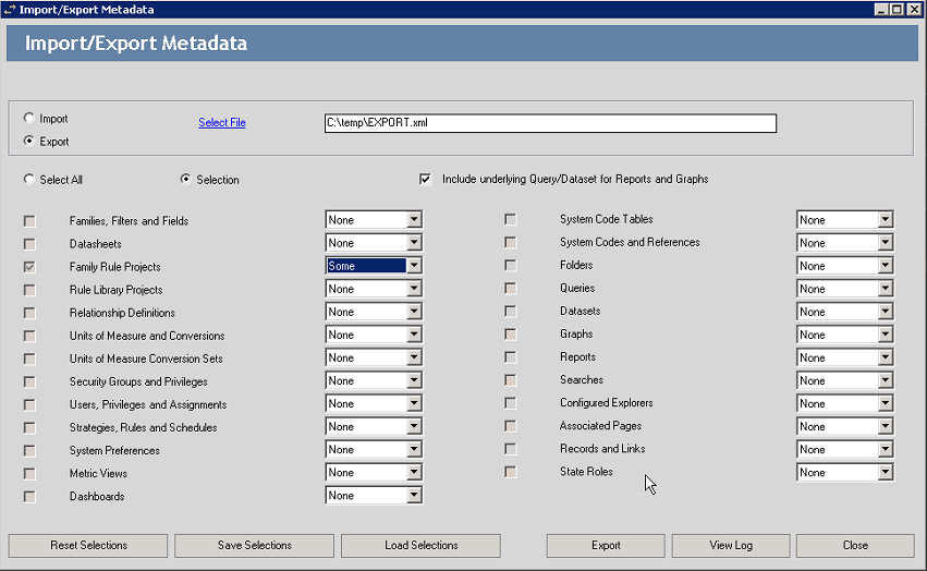 Import/Export Metadata window with projects selected