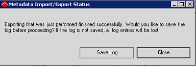 Metadata Import/Export Status dialog box