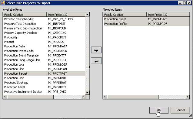 Select Rule Project To Export window with selected items