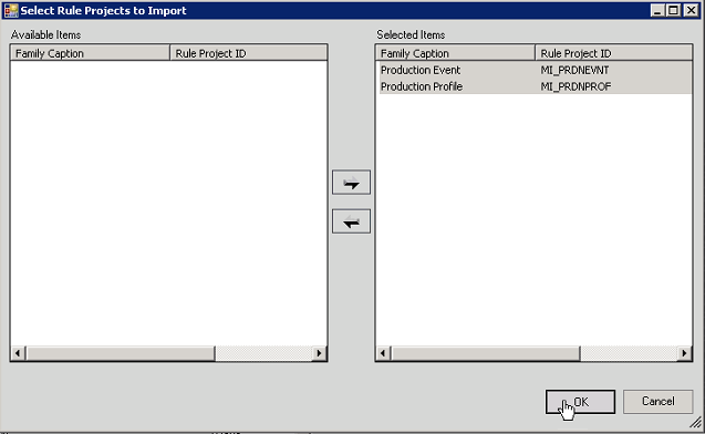 Select Rule Project to Import window with selected items