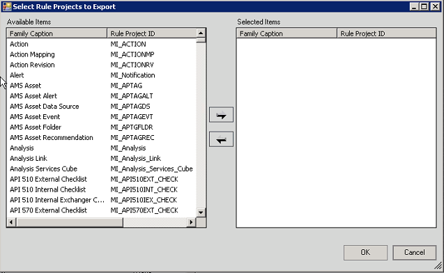 Select Rule Projects to Export window