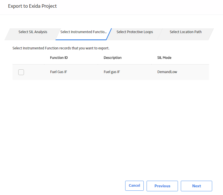 The Export to Exida Project window displaying a list of Instrumented Functions