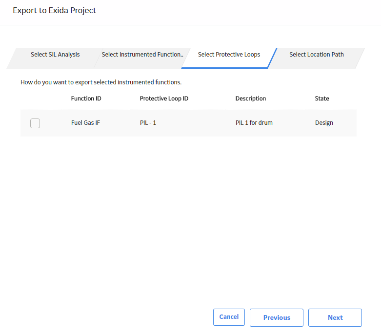 The Export to Exida Project window displaying a list of Protective Instrument Loops