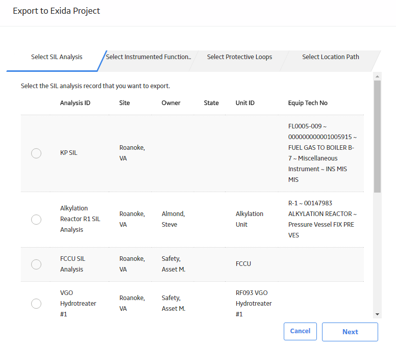 The Export to Exida window displaying a list of SIL Analyses