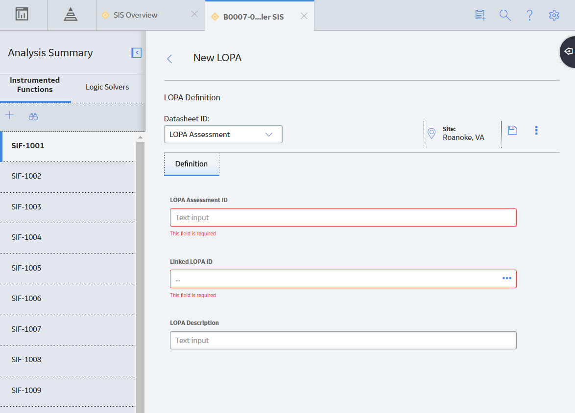 LOPA Assessment datasheet