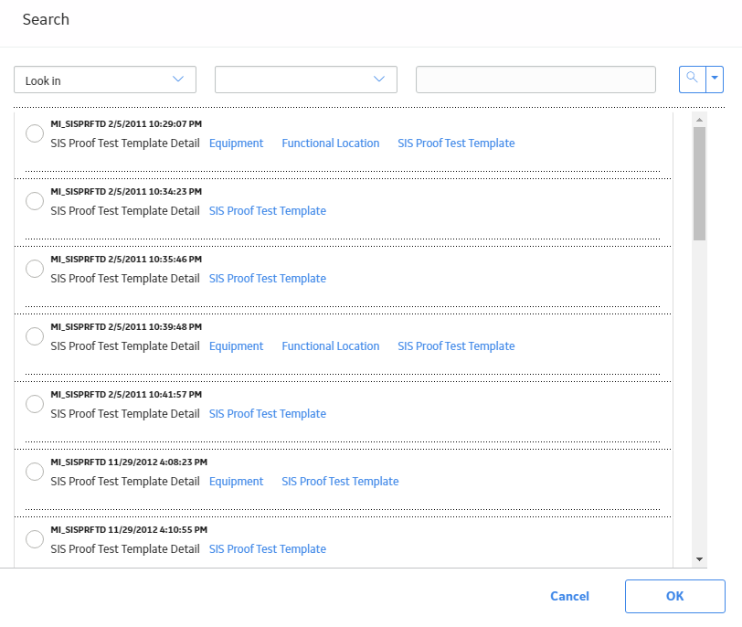 The Search window displaying a list of Proof Test Template Details